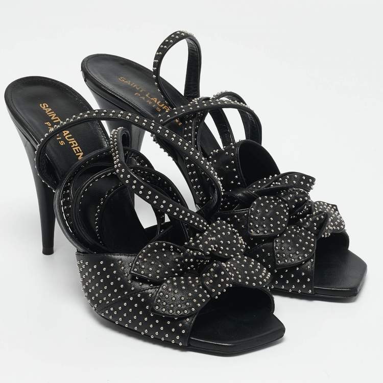 Pre Owned Saint Laurent Black Leather Pearls Embellished Ankle Wrap Sandals Size 40