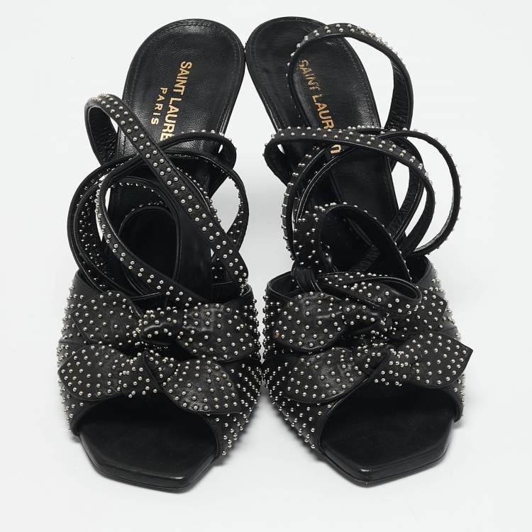 Pre Owned Saint Laurent Black Leather Pearls Embellished Ankle Wrap Sandals Size 40