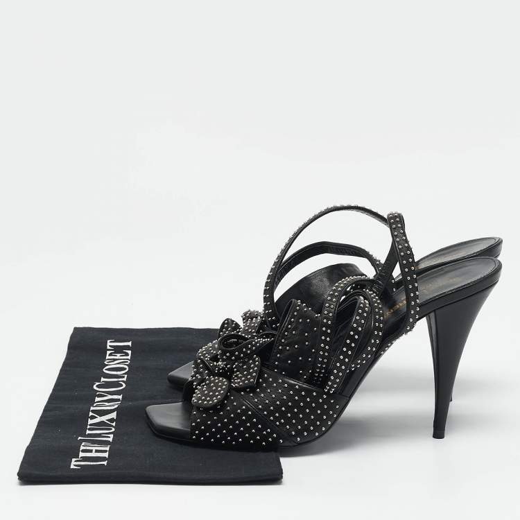 Pre Owned Saint Laurent Black Leather Pearls Embellished Ankle Wrap Sandals Size 40