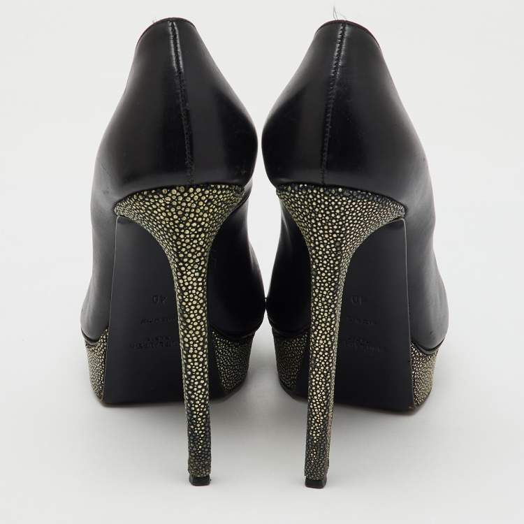 Pre Owned Saint Laurent Black Leather Janis Pointed Toe Platform Pumps Size 40