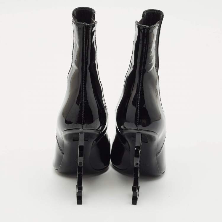 Pre Owned Saint Laurent Black Patent Leather Opyum Pointed Toe Ankle Boots Size 37