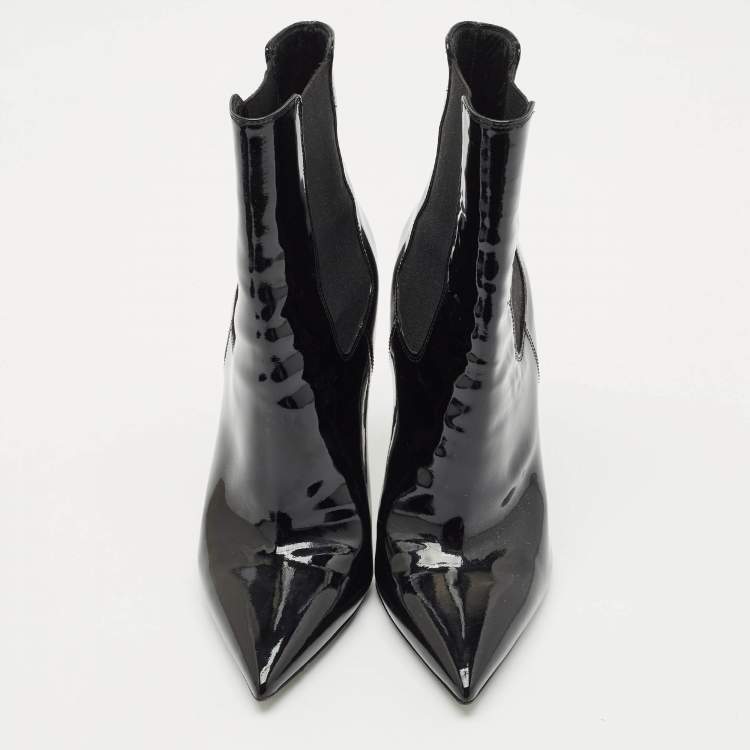 Pre Owned Saint Laurent Black Patent Leather Opyum Pointed Toe Ankle Boots Size 37