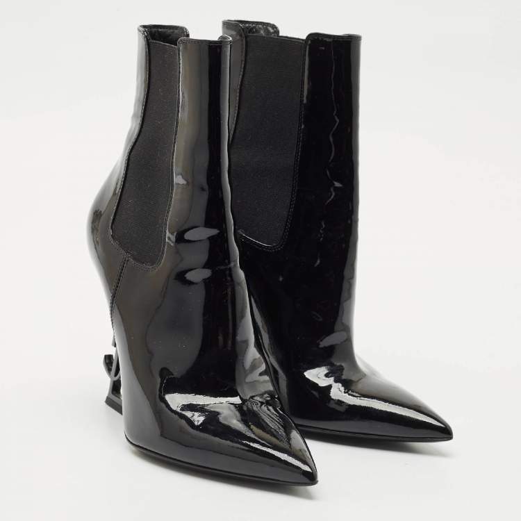 Pre Owned Saint Laurent Black Patent Leather Opyum Pointed Toe Ankle Boots Size 37