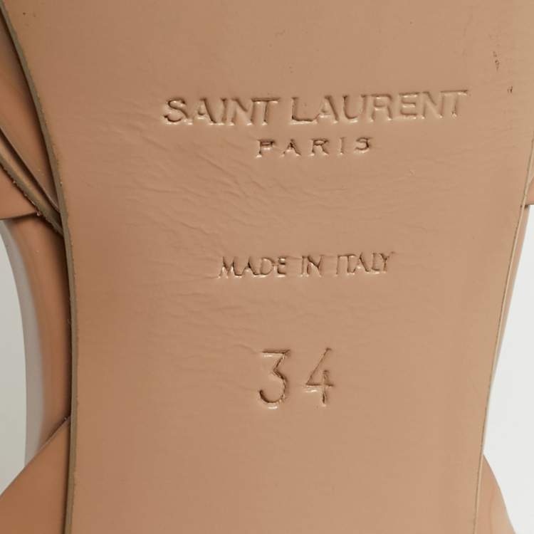 Pre Owned Saint Laurent  Beige Patent Leather Ankle Strap Sandals Size 34.5