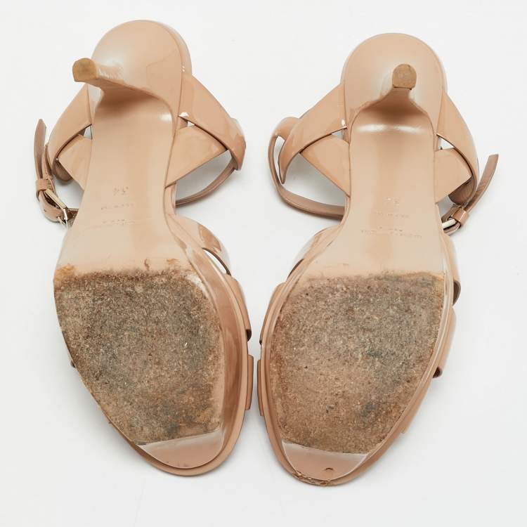 Pre Owned Saint Laurent  Beige Patent Leather Ankle Strap Sandals Size 34.5
