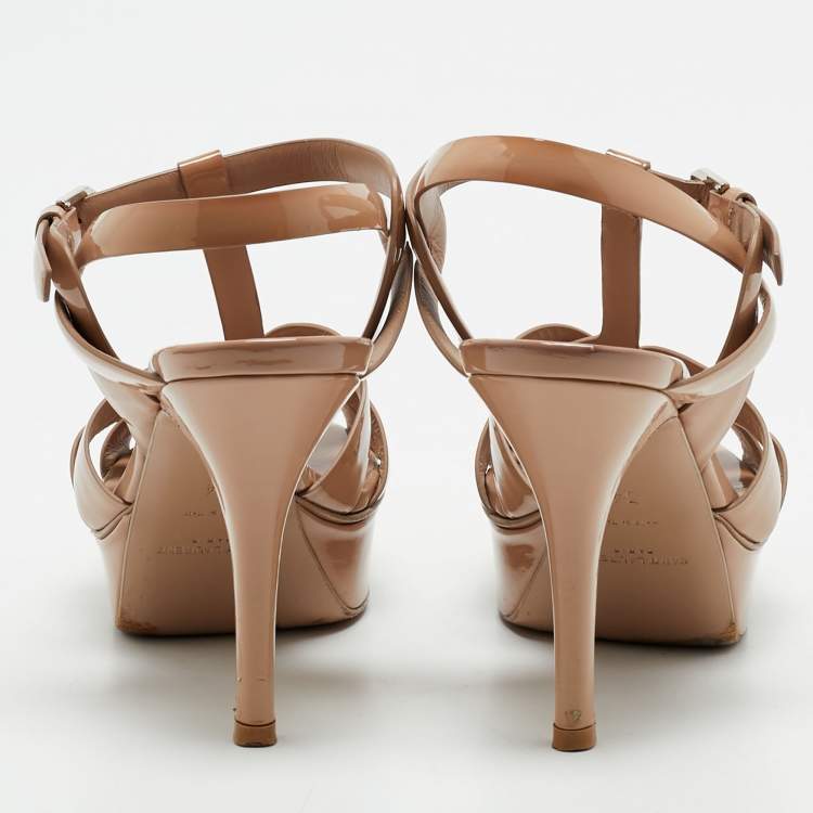 Pre Owned Saint Laurent  Beige Patent Leather Ankle Strap Sandals Size 34.5