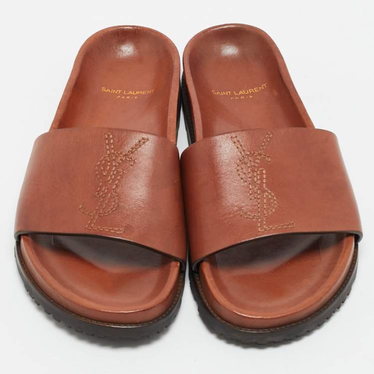 Pre Owned Saint Laurent Brown Leather Joan Flat Slide Sandals Size 39