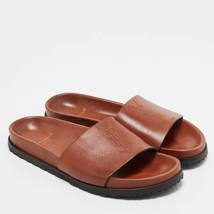 Pre Owned Saint Laurent Brown Leather Joan Flat Slide Sandals Size 39