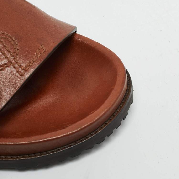 Pre Owned Saint Laurent Brown Leather Joan Flat Slide Sandals Size 39