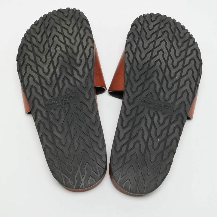 Pre Owned Saint Laurent Brown Leather Joan Flat Slide Sandals Size 39