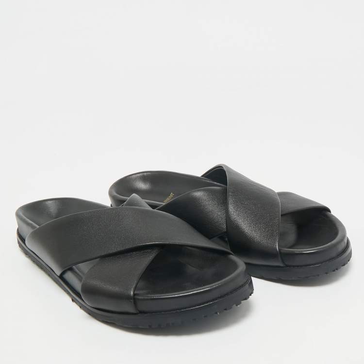 Pre Owned Saint Laurent Black Leather Crisscross Flat Slides Size 39