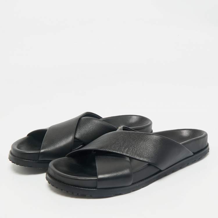 Pre Owned Saint Laurent Black Leather Crisscross Flat Slides Size 39