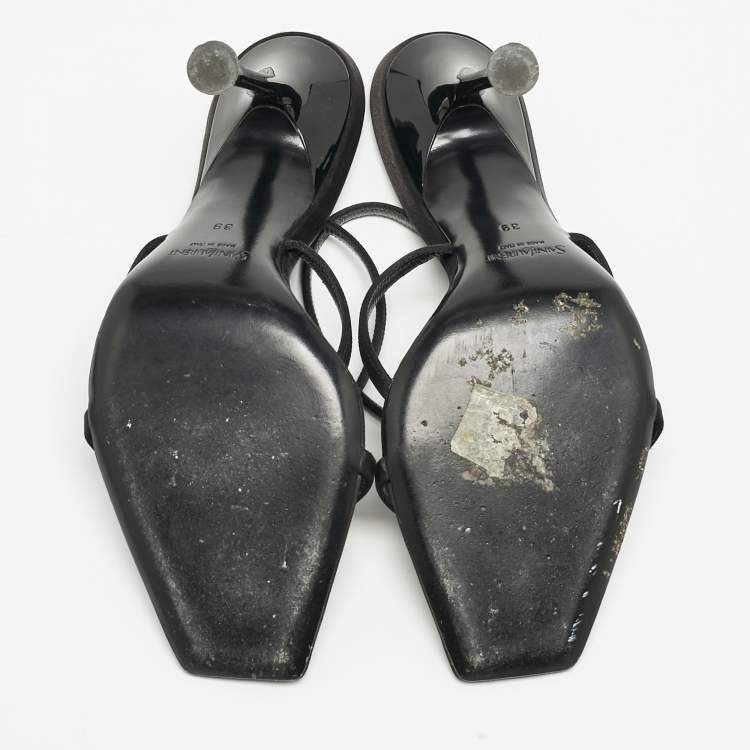 Pre Owned Saint Laurent Black Satin Harlow Crystals Ankle Strap Sandals Size 39