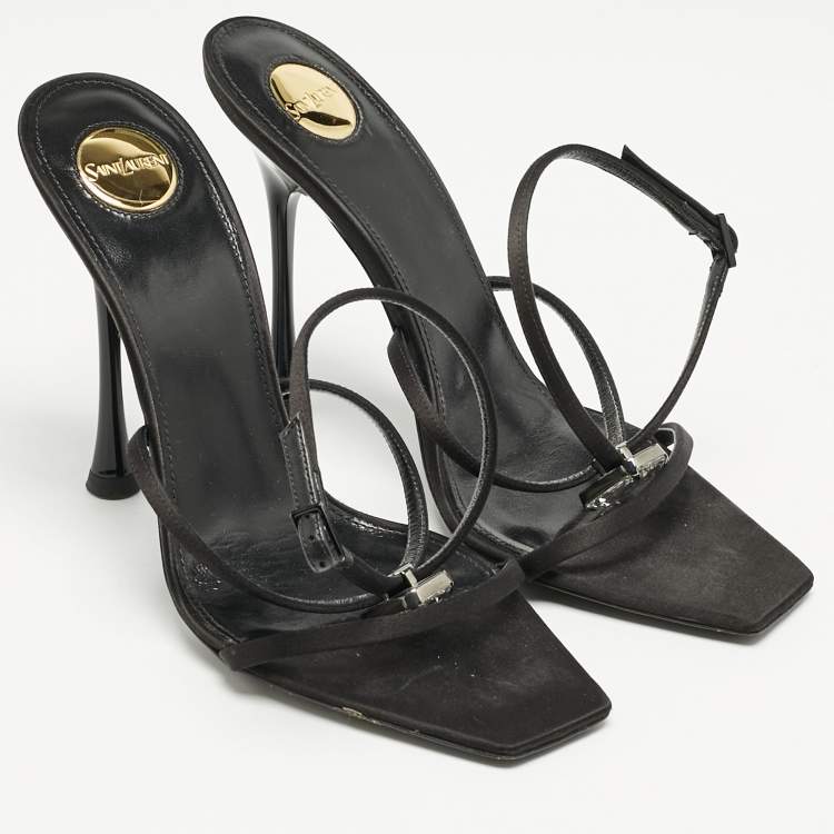 Pre Owned Saint Laurent Black Satin Harlow Crystals Ankle Strap Sandals Size 39