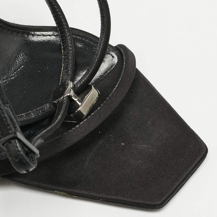 Pre Owned Saint Laurent Black Satin Harlow Crystals Ankle Strap Sandals Size 39