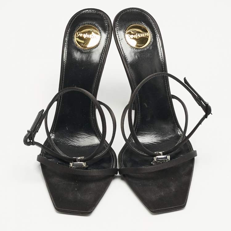 Pre Owned Saint Laurent Black Satin Harlow Crystals Ankle Strap Sandals Size 39