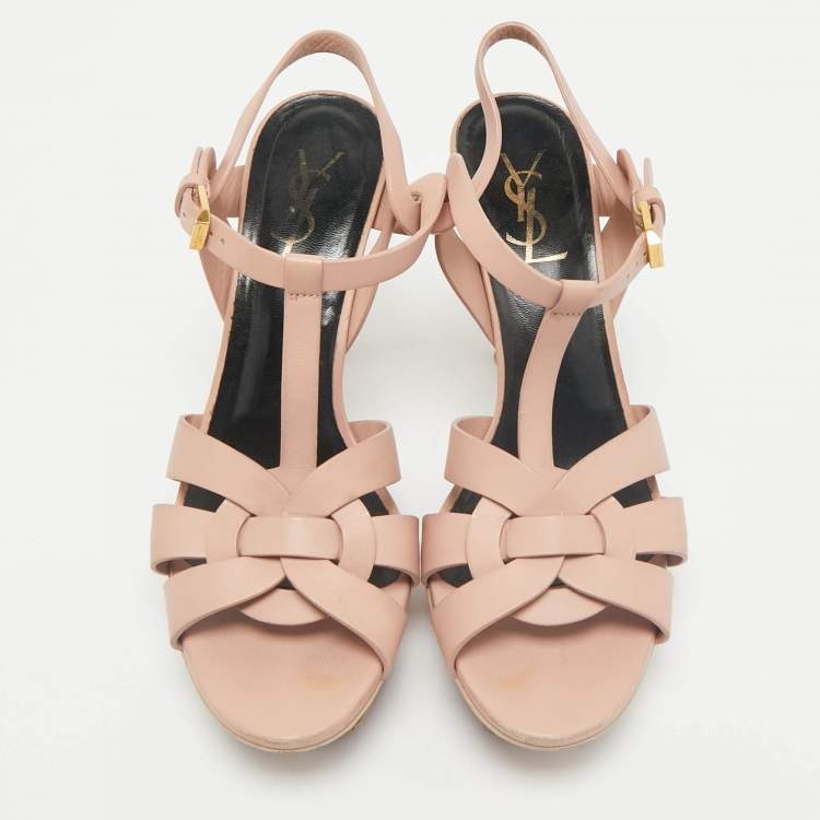 Pre Owned Saint Laurent Beige Leather Tribute Platform Sandals Size 37.5