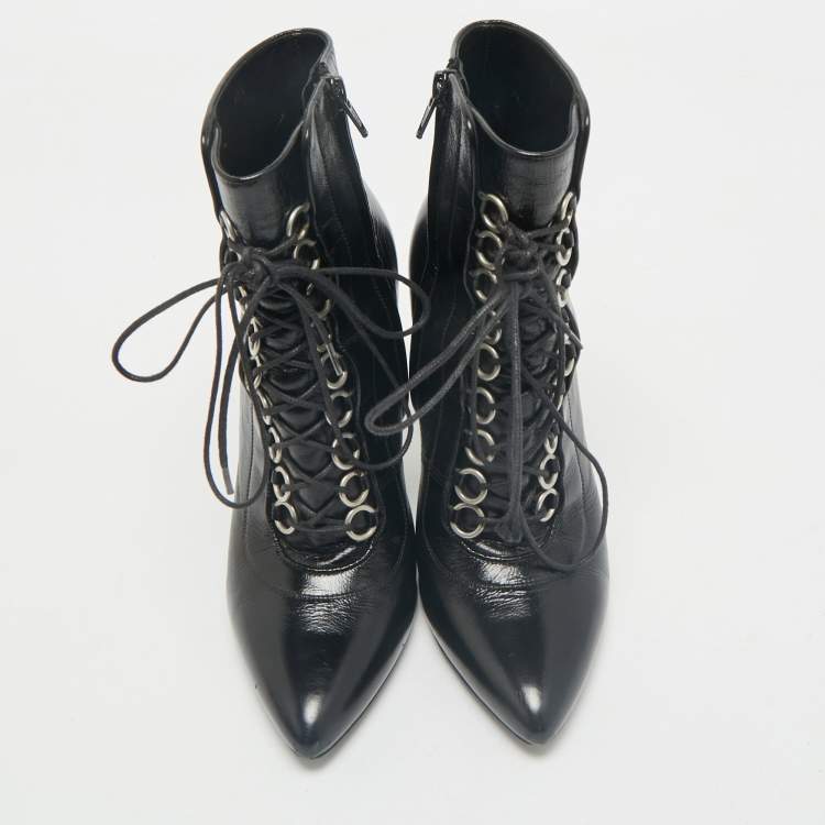 Pre Owned Saint Laurent Black Leather Fetish Ankle Booties Size 37.5
