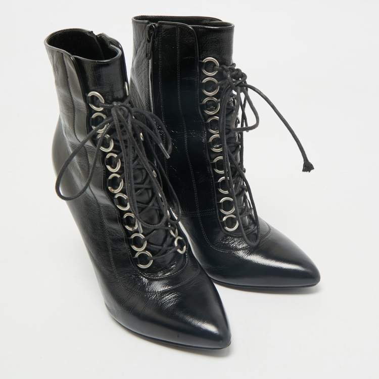 Pre Owned Saint Laurent Black Leather Fetish Ankle Booties Size 37.5