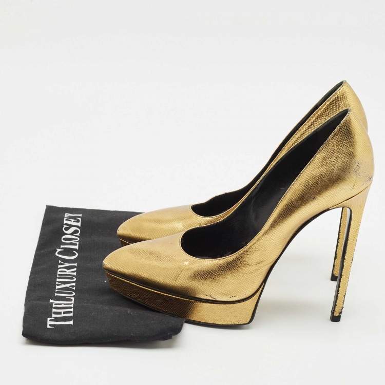 Pre Owned Saint Laurent Gold Leather Pointed Toe Janis Platform Pumps Size 40