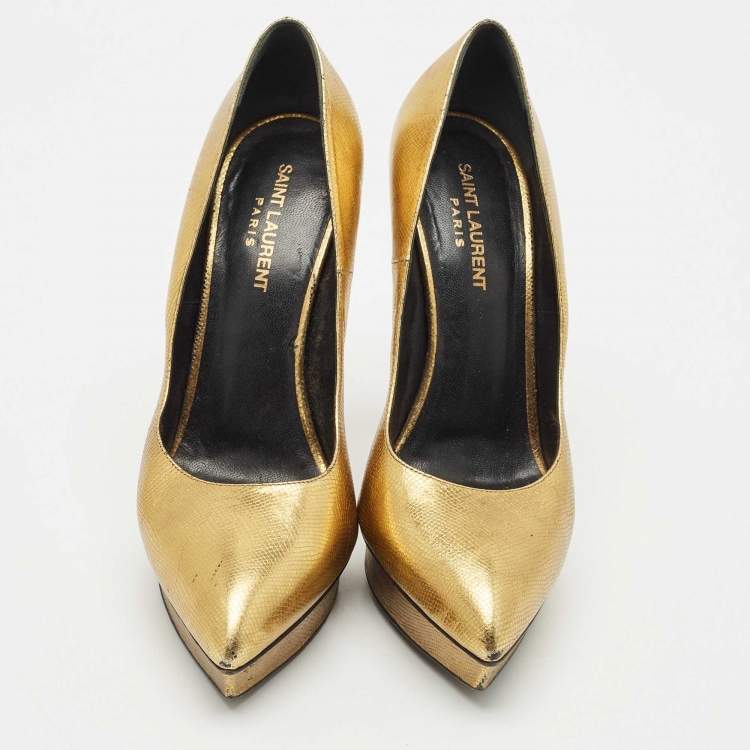 Pre Owned Saint Laurent Gold Leather Pointed Toe Janis Platform Pumps Size 40