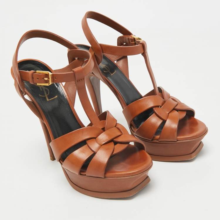 Pre Owned Saint Laurent Brown Leather Tribute Platform Sandals Size 36