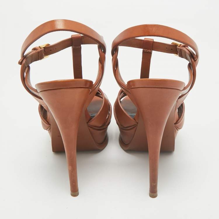 Pre Owned Saint Laurent Brown Leather Tribute Platform Sandals Size 36