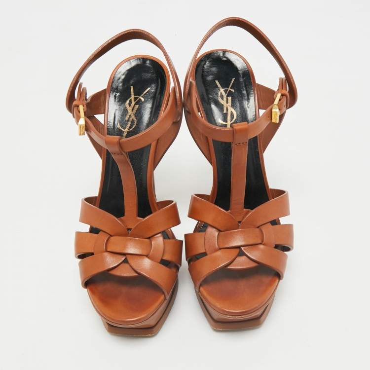 Pre Owned Saint Laurent Brown Leather Tribute Platform Sandals Size 36