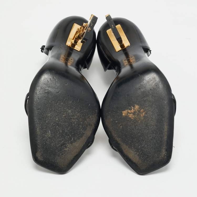 Pre Owned Saint Laurent Black Patent Leather Opyum Ankle Strap Sandals Size 40.5