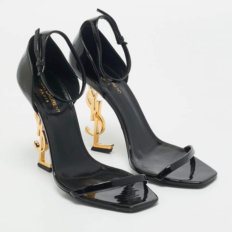 Pre Owned Saint Laurent Black Patent Leather Opyum Ankle Strap Sandals Size 40.5