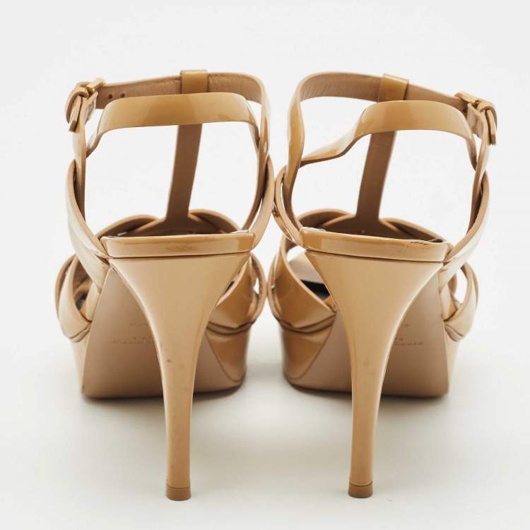 Pre Owned Saint Laurent Beige Patent Leather Tribute Ankle Strap Sandals Size 41.5