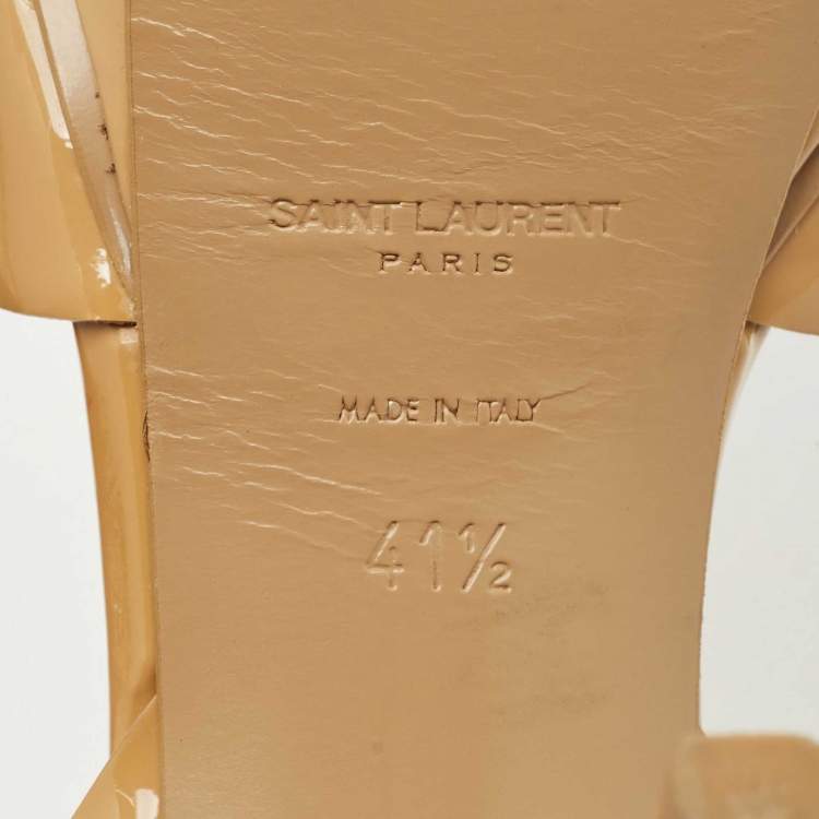 Pre Owned Saint Laurent Beige Patent Leather Tribute Ankle Strap Sandals Size 41.5