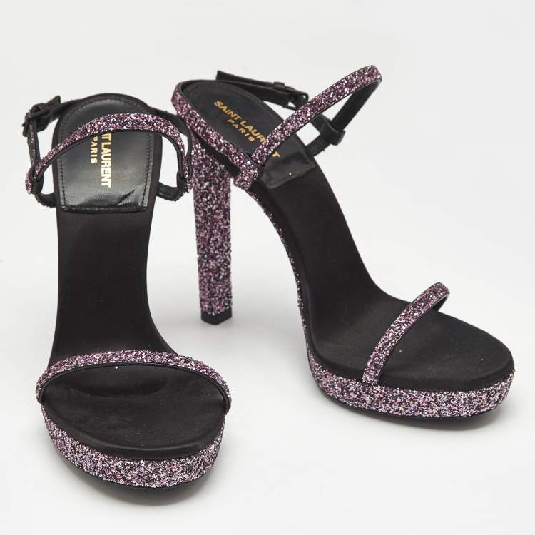 Pre Owned Saint Laurent Pink Glitter Hall Ankle Strap Sandals Size 38