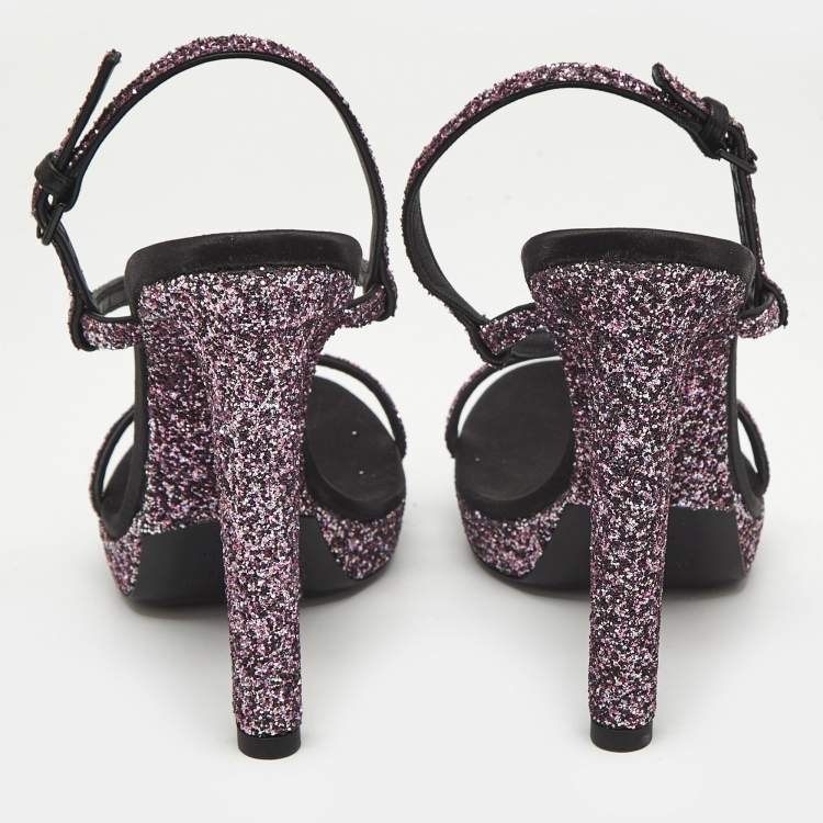 Pre Owned Saint Laurent Pink Glitter Hall Ankle Strap Sandals Size 38