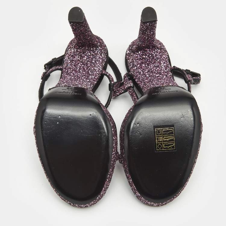 Pre Owned Saint Laurent Pink Glitter Hall Ankle Strap Sandals Size 38