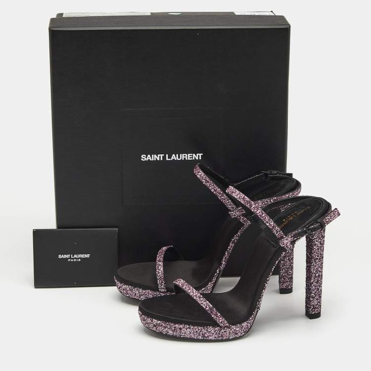 Pre Owned Saint Laurent Pink Glitter Hall Ankle Strap Sandals Size 38