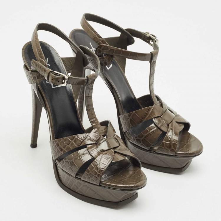 Pre Owned Saint Laurent Grey Croc Embossed Leather Tribute Platform Sandals Size 41