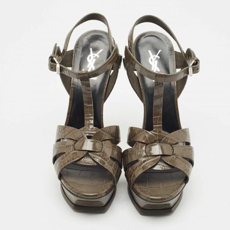 Pre Owned Saint Laurent Grey Croc Embossed Leather Tribute Platform Sandals Size 41
