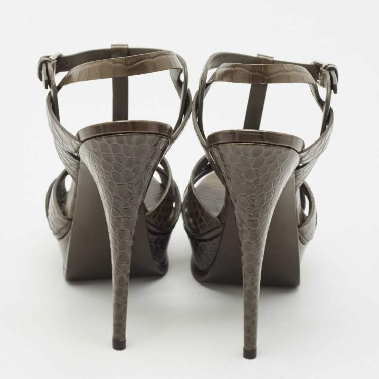 Pre Owned Saint Laurent Grey Croc Embossed Leather Tribute Platform Sandals Size 41