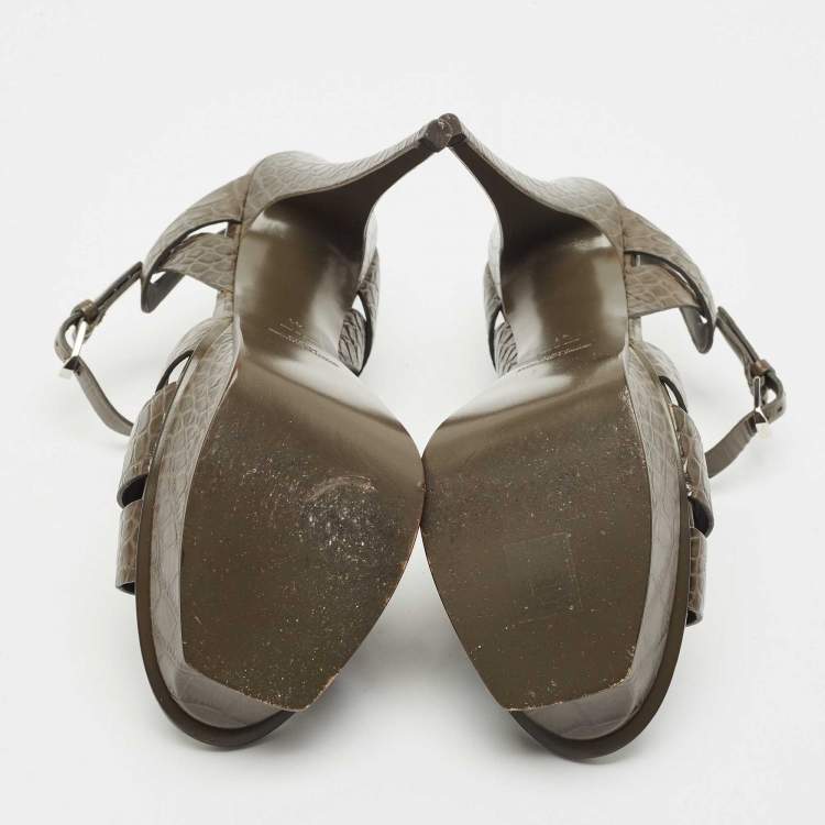 Pre Owned Saint Laurent Grey Croc Embossed Leather Tribute Platform Sandals Size 41