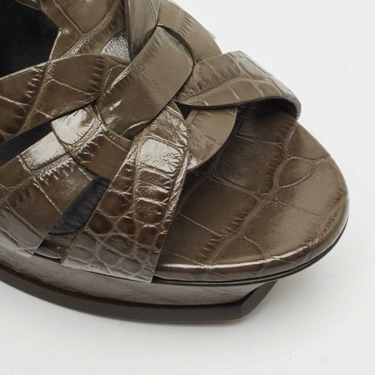 Pre Owned Saint Laurent Grey Croc Embossed Leather Tribute Platform Sandals Size 41