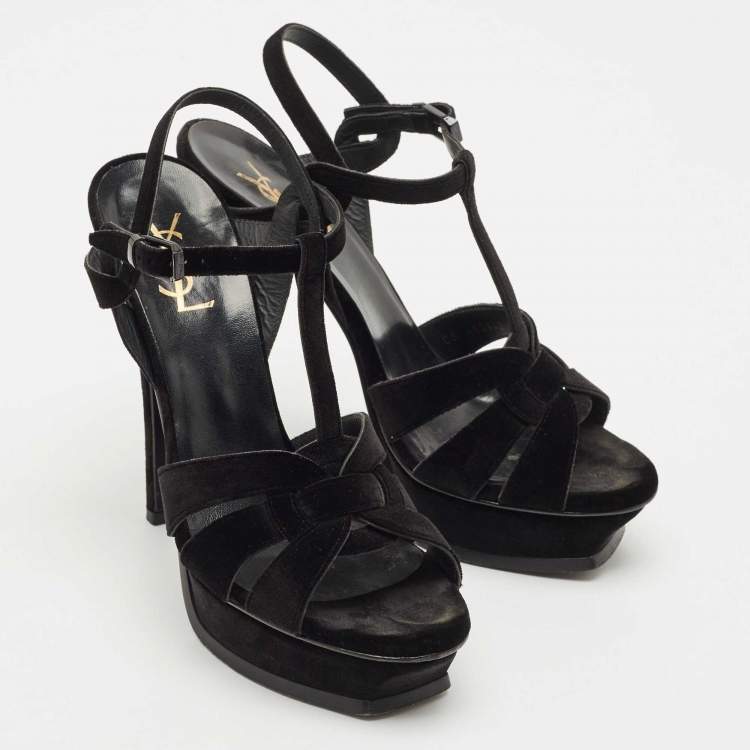 Pre Owned Saint Laurent Black Velvet Tribute Platform Sandals Size 40