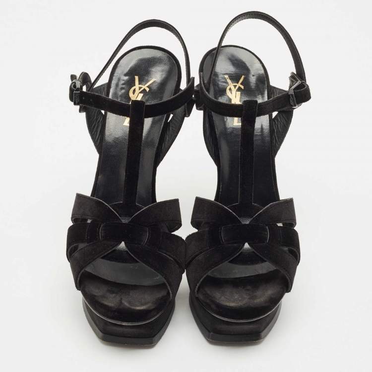 Pre Owned Saint Laurent Black Velvet Tribute Platform Sandals Size 40