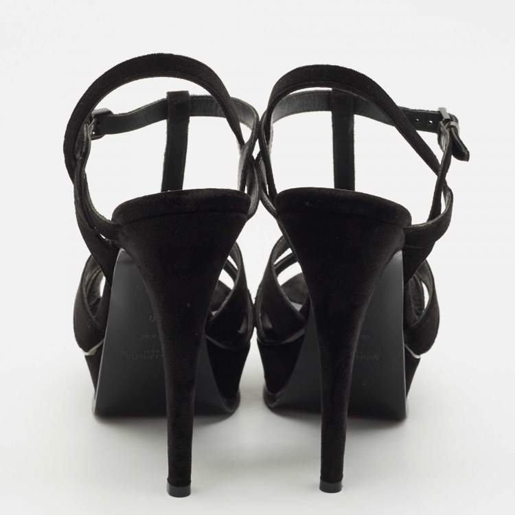 Pre Owned Saint Laurent Black Velvet Tribute Platform Sandals Size 40