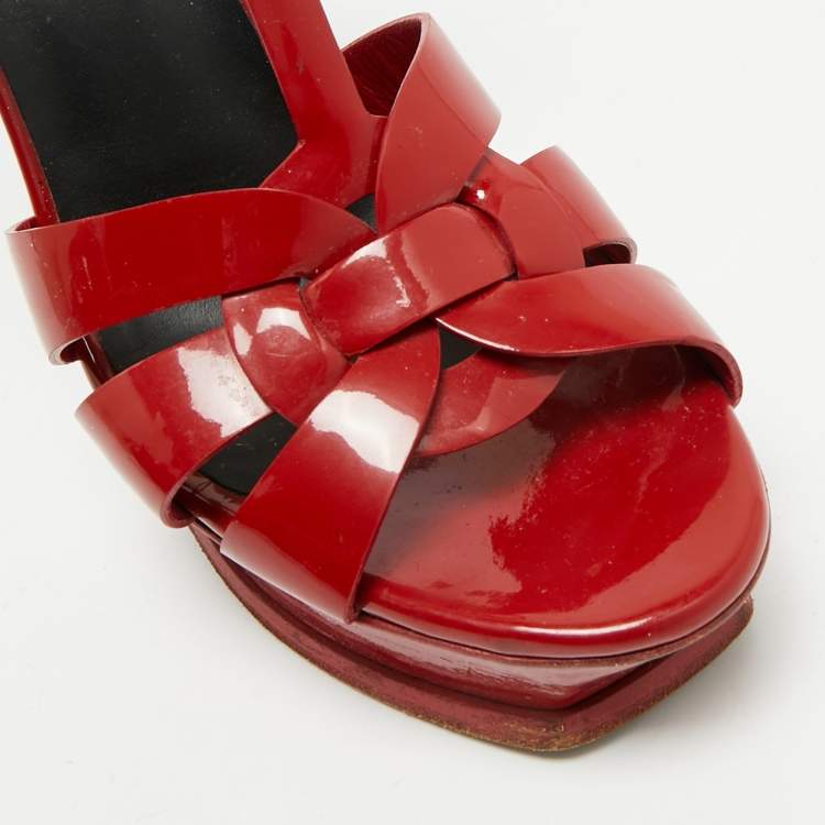 Pre Owned Saint Laurent Dark Red Patent Leather Tribute Platform Sandals Size 38.5