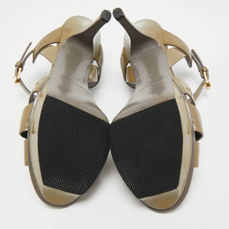 Pre Owned Saint Laurent Olive Green Patent Leather Tribute Platform Sandals Size 38
