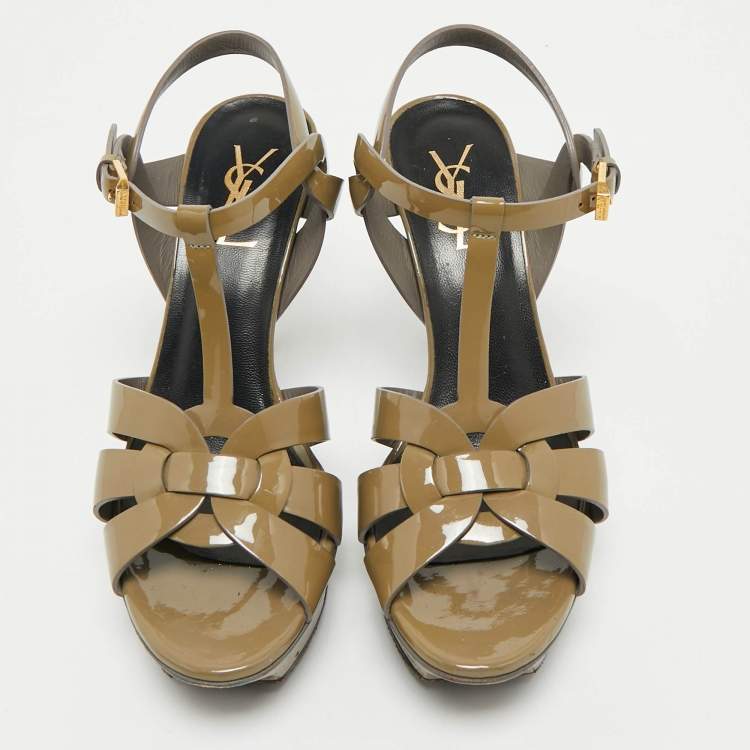 Pre Owned Saint Laurent Olive Green Patent Leather Tribute Platform Sandals Size 38