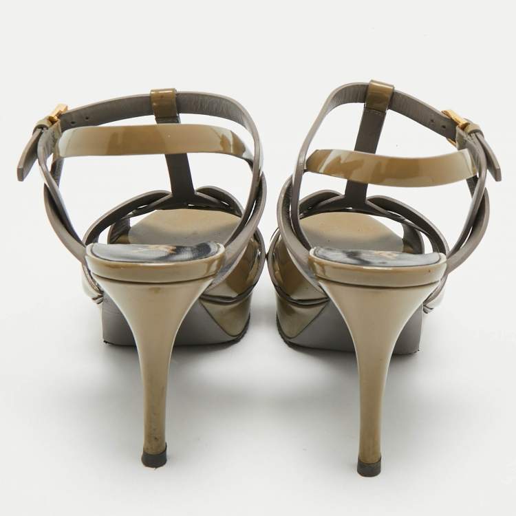 Pre Owned Saint Laurent Olive Green Patent Leather Tribute Platform Sandals Size 38
