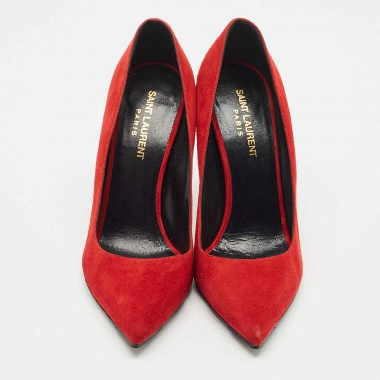 Pre Owned Saint Laurent Red Suede Pointed Toe Pumps Size 38.5