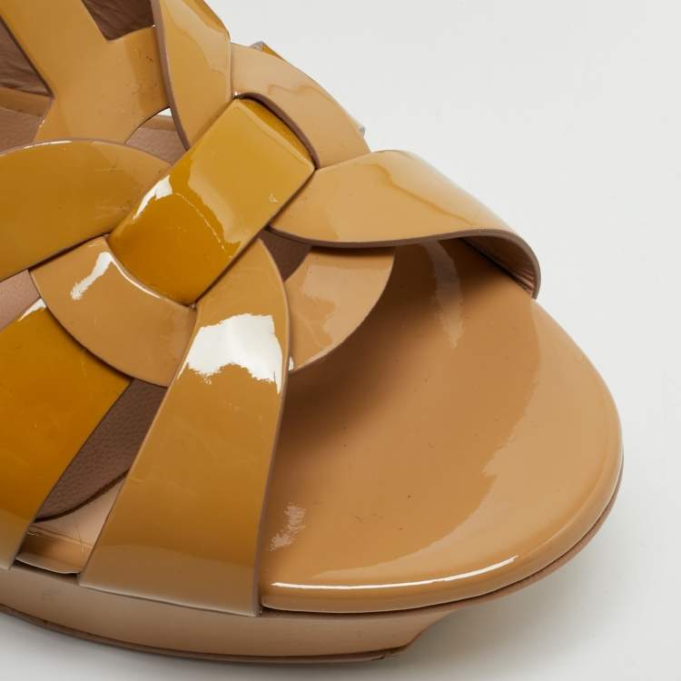 Pre Owned Saint Laurent Beige Patent Leather Tribute Platform Sandals Size 39.5